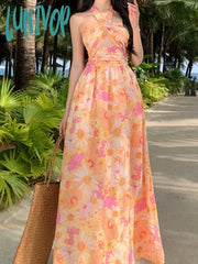 Lunivop Summer Elegant Casual Women Floral Dress Halter A-Line Beach Holiday Party Long Robe Female