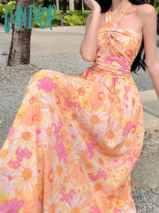 Lunivop Summer Elegant Casual Women Floral Dress Halter A-Line Beach Holiday Party Long Robe Female