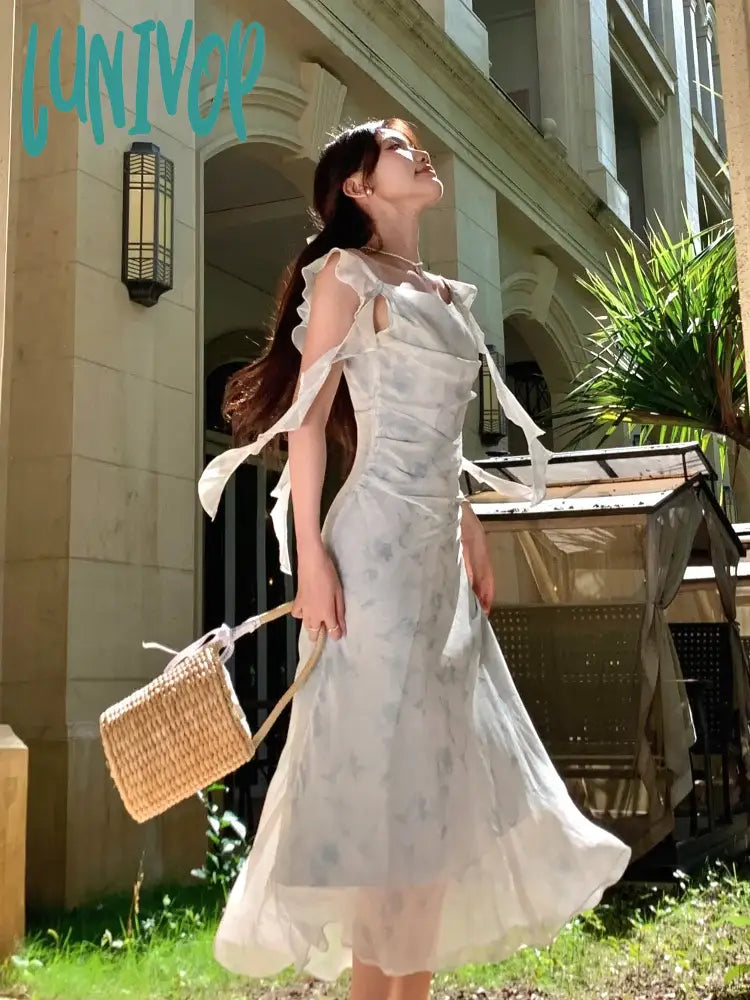 Lunivop Summer Elegant Fashion Floral Chiffon Halter Dresses Women’s Vintage Chic Casual Midi