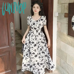 Lunivop Summer Elegant Floral Long Dress For Women Girl Midi Dresses Vintage Office Ol Ladies Maxi