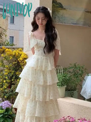 Lunivop Summer Elegant Floral Print Cake Party Dress Women Sleeveless Lace Up Princess Lady Holiday