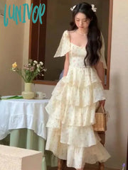 Lunivop Summer Elegant Floral Print Cake Party Dress Women Sleeveless Lace Up Princess Lady Holiday
