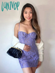 Lunivop Summer Elegant Lace Dress Sexy Mini Ovey Birthday Night Date Party Dresses Lilac Spaghetti