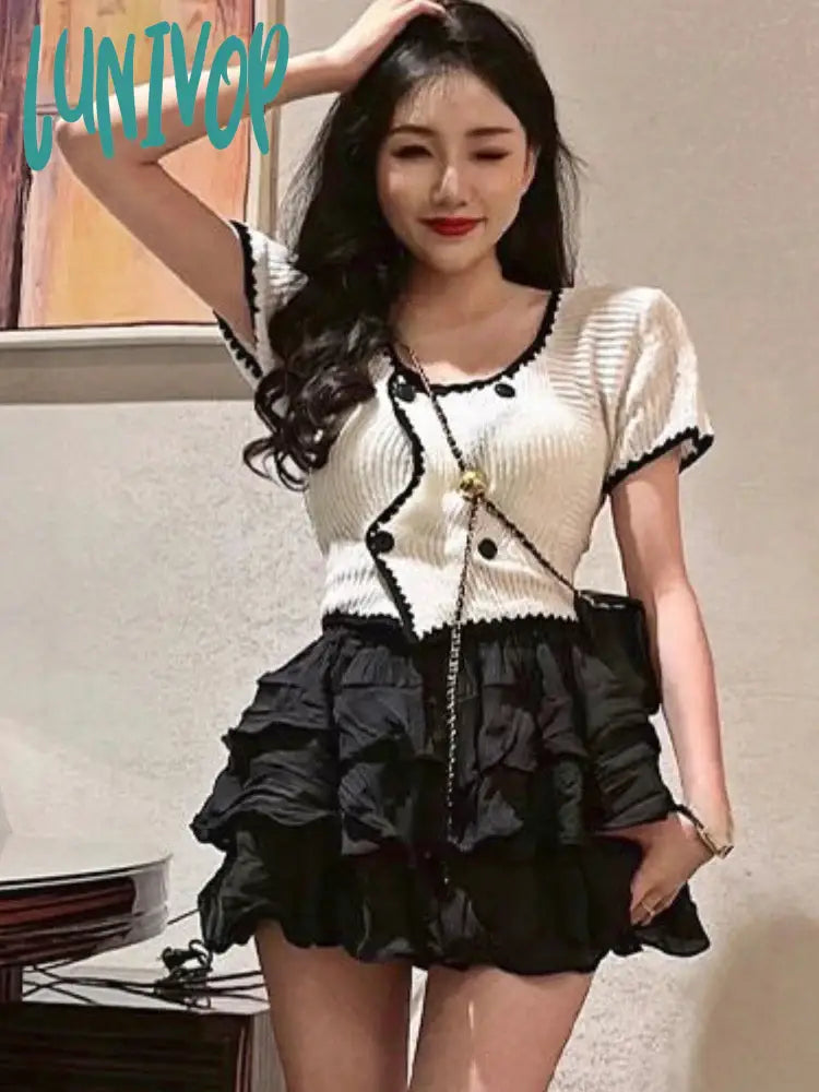Lunivop Summer Elegant Two Piece Set Women Korean Vintage Party Mini Skirt Female Casual Knit Tops