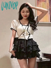 Lunivop Summer Elegant Two Piece Set Women Korean Vintage Party Mini Skirt Female Casual Knit Tops