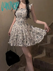 Lunivop Summer Elegant Vintage Floral Strap Dress Women Casual Square Collar Y2K Even Party One