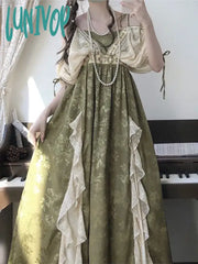 Lunivop Summer Fairy Green Evening Dress Vintage Elegant V Neck Floral Lace Ruffles Midi A Line