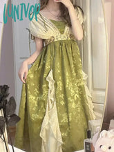 Lunivop Summer Fairy Green Evening Dress Vintage Elegant V Neck Floral Lace Ruffles Midi A Line