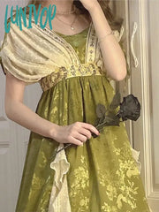 Lunivop Summer Fairy Green Evening Dress Vintage Elegant V Neck Floral Lace Ruffles Midi A Line