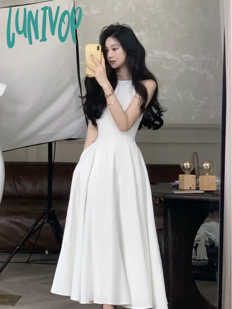 Lunivop Summer Fashion Elegant Casual Midi Party Dress Sleeveless A-Line Solid Chic Birthday Prom
