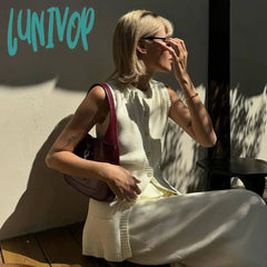 Lunivop Summer Fashion Knitted Skirt Suit Sleeveless Vest Pocket Slit High Waist Long Elegant White