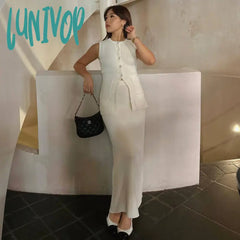 Lunivop Summer Fashion Knitted Skirt Suit Sleeveless Vest Pocket Slit High Waist Long Elegant White