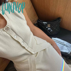 Lunivop Summer Fashion Knitted Skirt Suit Sleeveless Vest Pocket Slit High Waist Long Elegant White