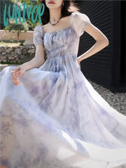 Lunivop Summer Fashion Print Short Sleeve Women Fairy Elagant Dress Vintage Holiday Purple Lace-Up