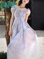 Lunivop Summer Fashion Print Short Sleeve Women Fairy Elagant Dress Vintage Holiday Purple Lace-Up