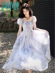 Lunivop Summer Fashion Print Short Sleeve Women Fairy Elagant Dress Vintage Holiday Purple Lace-Up