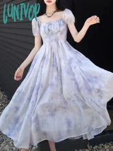 Lunivop Summer Fashion Print Short Sleeve Women Fairy Elagant Dress Vintage Holiday Purple Lace-Up