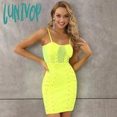 Lunivop Summer Fashion Sexy Sleeveless Mesh Eyelet Neon Yellow Hot Pink Bodycon Bandage Dress Party