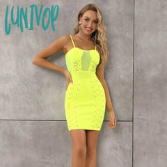 Lunivop Summer Fashion Sexy Sleeveless Mesh Eyelet Neon Yellow Hot Pink Bodycon Bandage Dress Party