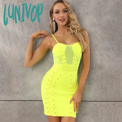 Lunivop Summer Fashion Sexy Sleeveless Mesh Eyelet Neon Yellow Hot Pink Bodycon Bandage Dress Party