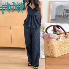 Lunivop Summer Fashion Shirred Plain V-Neck Sleeveless Top Wide Leg Pants Sets Korean Series Casual