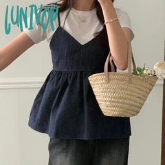 Lunivop Summer Fashion Shirred Plain V-Neck Sleeveless Top Wide Leg Pants Sets Korean Series Casual
