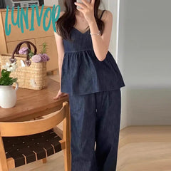 Lunivop Summer Fashion Shirred Plain V-Neck Sleeveless Top Wide Leg Pants Sets Korean Series Casual
