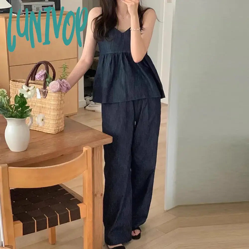 Lunivop Summer Fashion Shirred Plain V-Neck Sleeveless Top Wide Leg Pants Sets Korean Series Casual