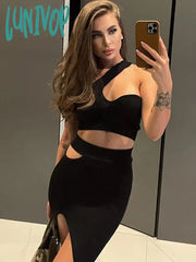 Lunivop Summer Fashion Women Sexy One Shoulder Pink Black Midi Bodycon Bandage Dress Elegant