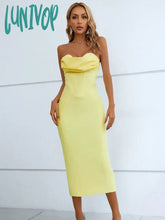 Lunivop Summer Fashion Women Sexy Strapless Backless Ruffles Yellow Midi Bandage Dress Elegant