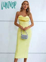 Lunivop Summer Fashion Women Sexy Strapless Backless Ruffles Yellow Midi Bandage Dress Elegant