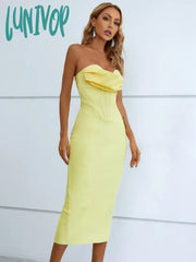 Lunivop Summer Fashion Women Sexy Strapless Backless Ruffles Yellow Midi Bandage Dress Elegant