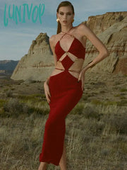 Lunivop Summer Fashion Women Sexy V Neck Backless Black Red Sequined Midi Bodycon Bandage Dress