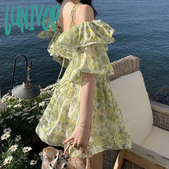 Lunivop Summer Floral Dress Women Holiday Sexy Elegant Party Mini Korean Backless Beach Outfits