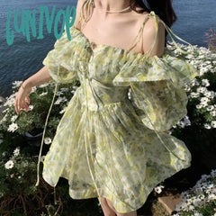 Lunivop Summer Floral Dress Women Holiday Sexy Elegant Party Mini Korean Backless Beach Outfits