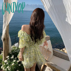 Lunivop Summer Floral Dress Women Holiday Sexy Elegant Party Mini Korean Backless Beach Outfits