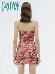 Lunivop Summer Floral Dress Women Sexy Strapless Mini Bodycon Ruffled Sleeveless Sundress Casual