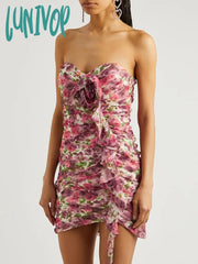 Lunivop Summer Floral Dress Women Sexy Strapless Mini Bodycon Ruffled Sleeveless Sundress Casual