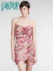 Lunivop Summer Floral Dress Women Sexy Strapless Mini Bodycon Ruffled Sleeveless Sundress Casual