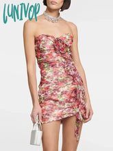 Lunivop Summer Floral Dress Women Sexy Strapless Mini Bodycon Ruffled Sleeveless Sundress Casual