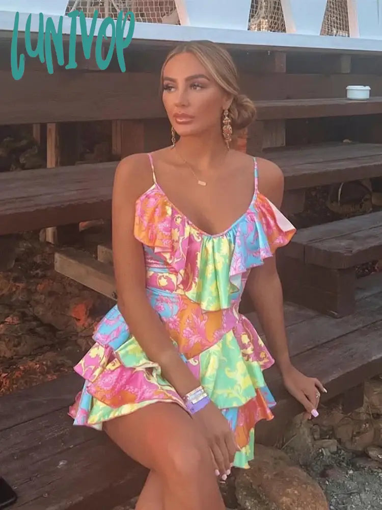 Lunivop Summer Floral Print Dress Women Party New Arrival Elegant Ruffle Mini Slip Backless Sexy