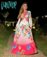 Lunivop Summer Floral Print Strapless Women Dress Long Sleeve Naked Waist A-Line Chic Elegant Beach