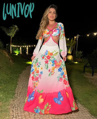 Lunivop Summer Floral Print Strapless Women Dress Long Sleeve Naked Waist A-Line Chic Elegant Beach