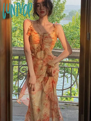 Lunivop Summer France Print Strap Dress Women Ruffle Elegant Sweet Party Midi Female Backless