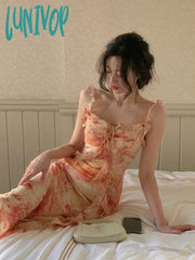 Lunivop Summer France Print Strap Dress Women Ruffle Elegant Sweet Party Midi Female Backless