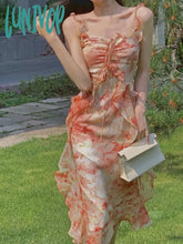 Lunivop Summer France Print Strap Dress Women Ruffle Elegant Sweet Party Midi Female Backless