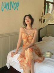 Lunivop Summer France Print Strap Dress Women Ruffle Elegant Sweet Party Midi Female Backless