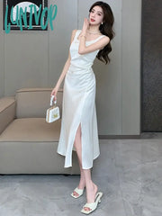 Lunivop Summer French Elegant And Stylish Square Collar Midi Party Dress For Women Sleeveless Black