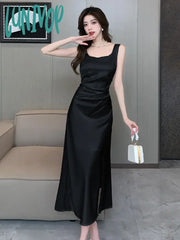 Lunivop Summer French Elegant And Stylish Square Collar Midi Party Dress For Women Sleeveless Black