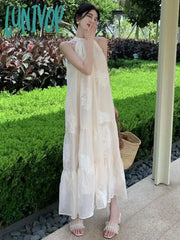 Lunivop Summer French Temperament White Bohemian Seaside Resort Style Sexy Loose Hanging Neck